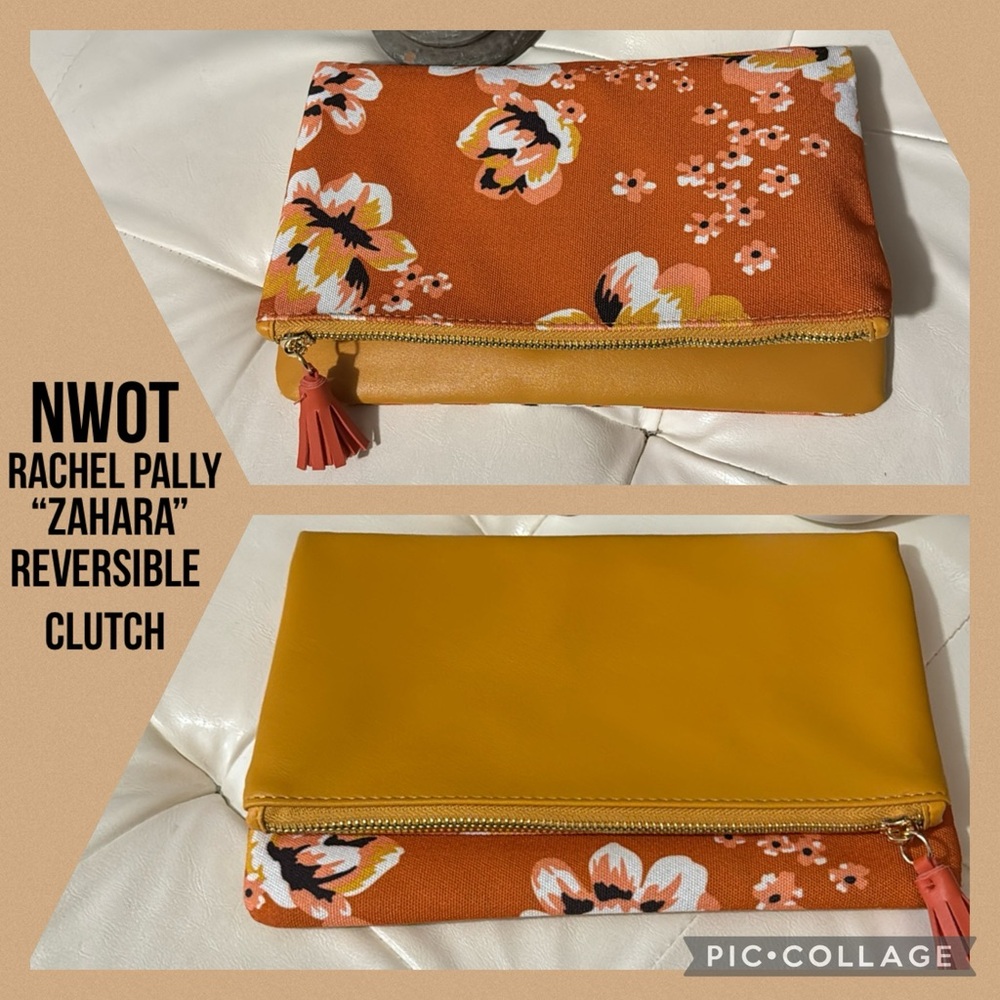 NWOT-Rachel Pally-FoldOver Reversible Clutch Bag-Floral-Mustard/Clay/Pink Colors